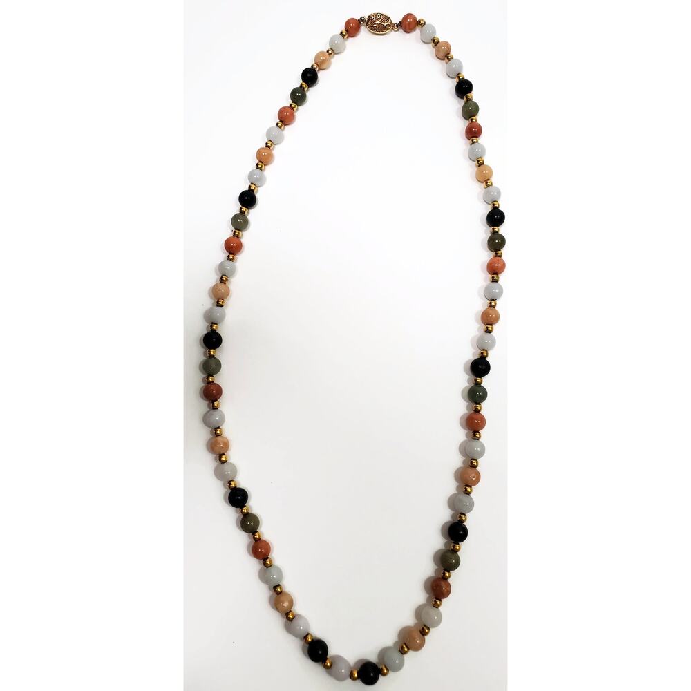 Vintage Nephrite Agate Gold Over Silver Beaded Necklace 27"